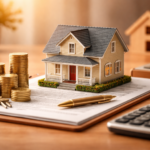 Illustration of a real estate investor evaluating a 1031 exchange, with property icons, arrows, and financial symbols representing tax deferral and reinvestment.