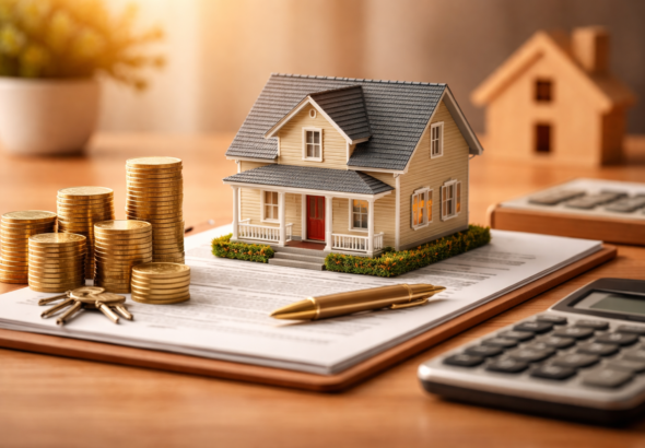 Illustration of a real estate investor evaluating a 1031 exchange, with property icons, arrows, and financial symbols representing tax deferral and reinvestment.