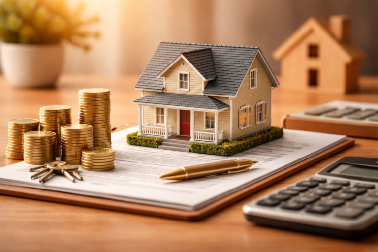 Illustration of a real estate investor evaluating a 1031 exchange, with property icons, arrows, and financial symbols representing tax deferral and reinvestment.