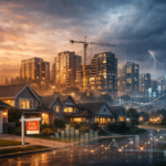 A modern residential housing landscape showing suburban homes and urban apartments with data overlays, illustrating real estate market challenges in 2025.