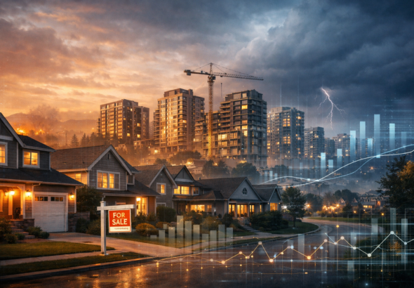 A modern residential housing landscape showing suburban homes and urban apartments with data overlays, illustrating real estate market challenges in 2025.