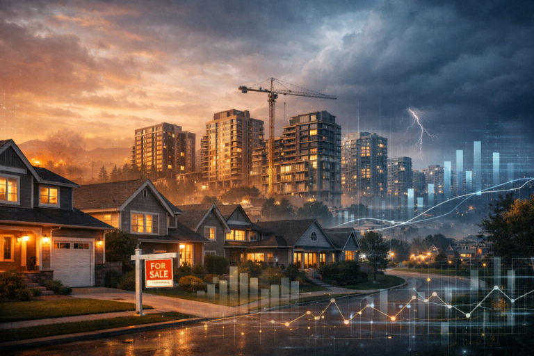 A modern residential housing landscape showing suburban homes and urban apartments with data overlays, illustrating real estate market challenges in 2025.