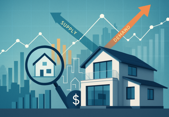 Modern residential home with market data visuals illustrating real estate price discovery through supply, demand, and valuation signals.