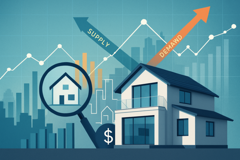 Modern residential home with market data visuals illustrating real estate price discovery through supply, demand, and valuation signals.