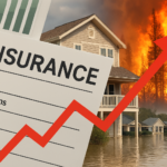 Insurance document overlaying a coastal home, wildfire, and flooded neighborhood, symbolizing climate-related risks and rising premiums.
