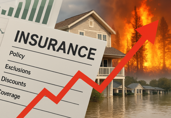 Insurance document overlaying a coastal home, wildfire, and flooded neighborhood, symbolizing climate-related risks and rising premiums.