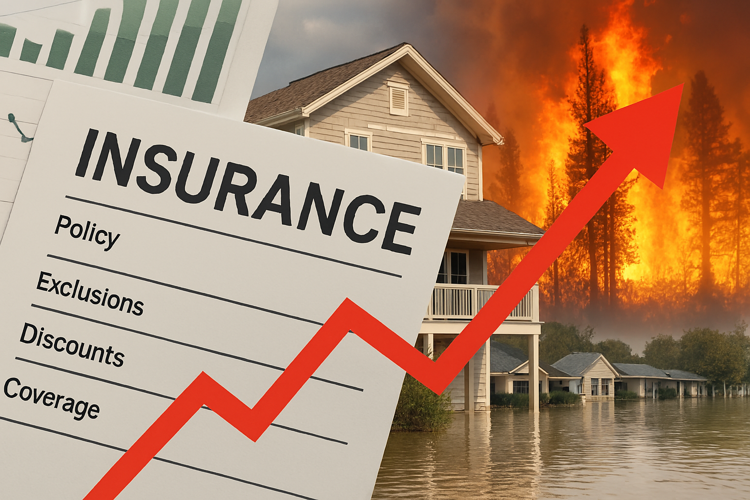Insurance document overlaying a coastal home, wildfire, and flooded neighborhood, symbolizing climate-related risks and rising premiums.
