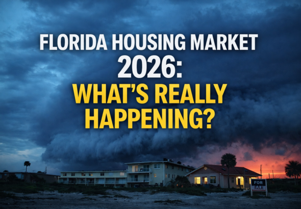 Dark storm clouds roll over a Florida beachfront neighborhood at sunset with the headline “Florida Housing Market 2026: What’s Really Happening?” displayed prominently in bold text.
