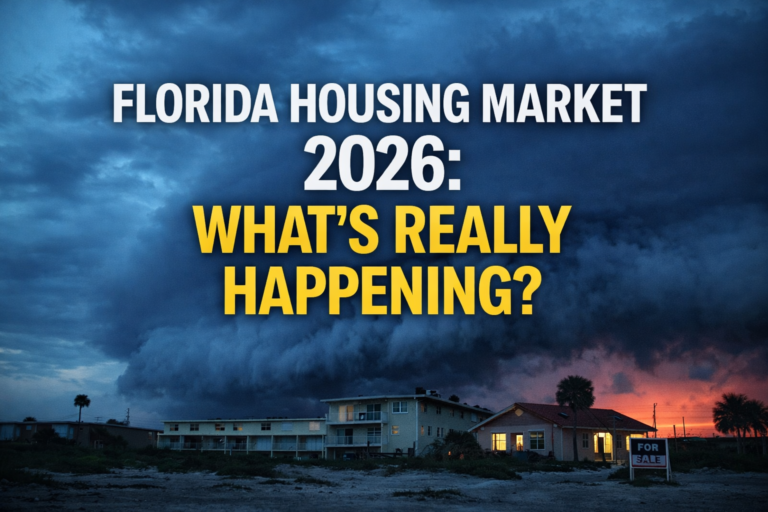 Dark storm clouds roll over a Florida beachfront neighborhood at sunset with the headline “Florida Housing Market 2026: What’s Really Happening?” displayed prominently in bold text.