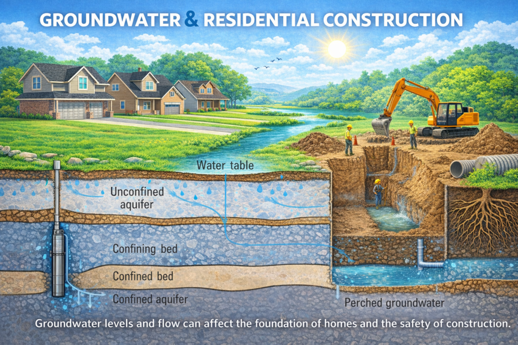 “Cross-sectional illustration showing groundwater layers beneath a residential neighborhood and active construction site.”