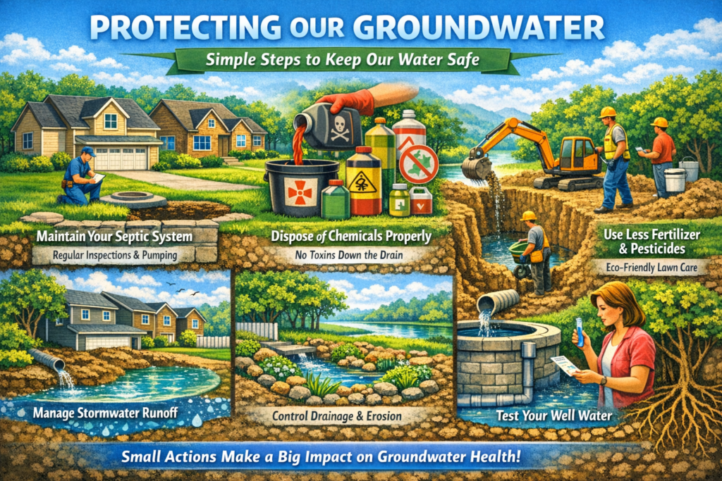 Five-panel illustration showing best practices for protecting groundwater, including septic maintenance, chemical disposal, fertilizer reduction, stormwater management, and well water testing.”