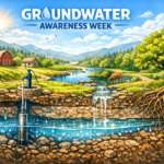 Cross‑section illustration showing a rural landscape above ground and an underground aquifer below, created for Groundwater Awareness Week.