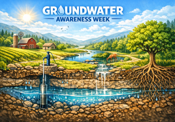 Cross‑section illustration showing a rural landscape above ground and an underground aquifer below, created for Groundwater Awareness Week.