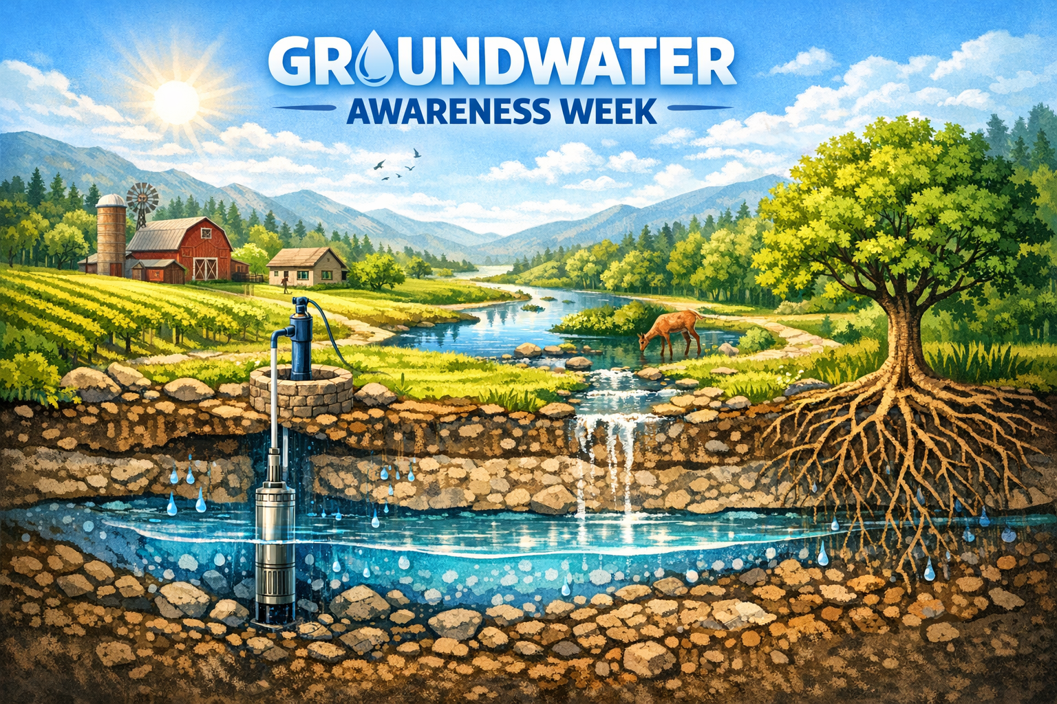 Cross‑section illustration showing a rural landscape above ground and an underground aquifer below, created for Groundwater Awareness Week.